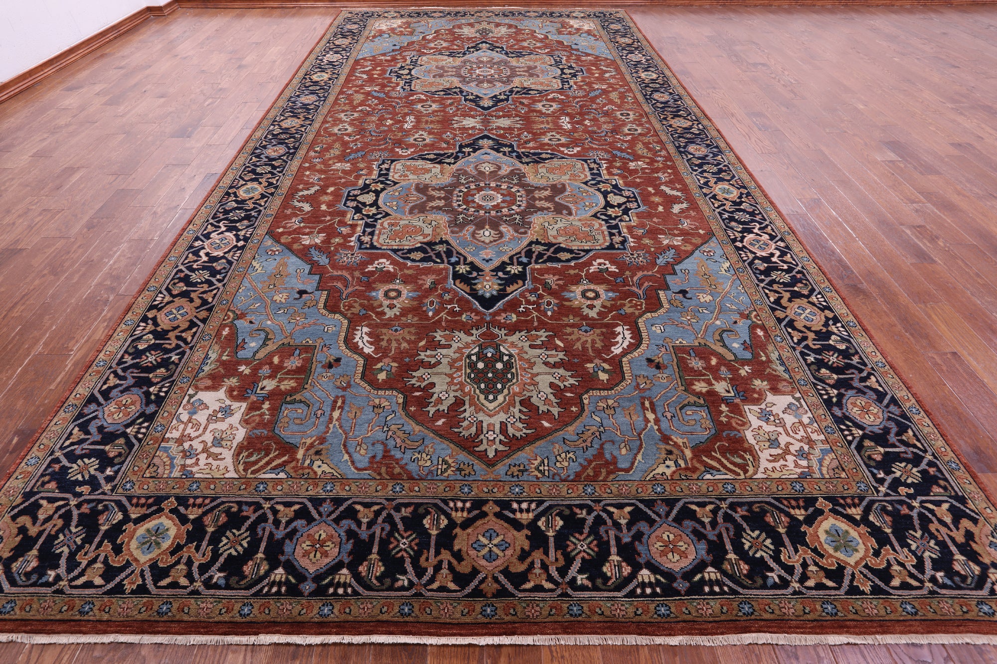 Rust Geometric Heriz Serapi Hand Knotted Wool Rug - 9' 0" X 18' 3" - Golden Nile