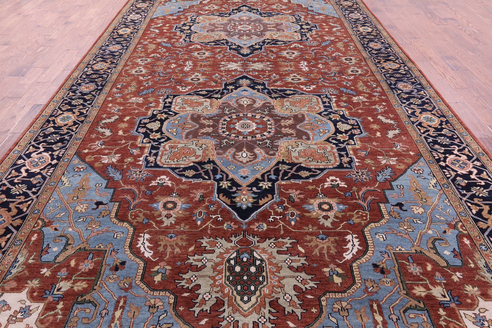 Rust Geometric Heriz Serapi Hand Knotted Wool Rug - 9' 0" X 18' 3" - Golden Nile