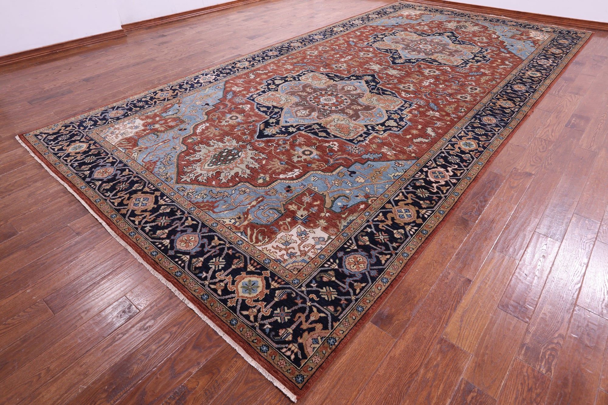 Rust Geometric Heriz Serapi Hand Knotted Wool Rug - 9' 0" X 18' 3" - Golden Nile