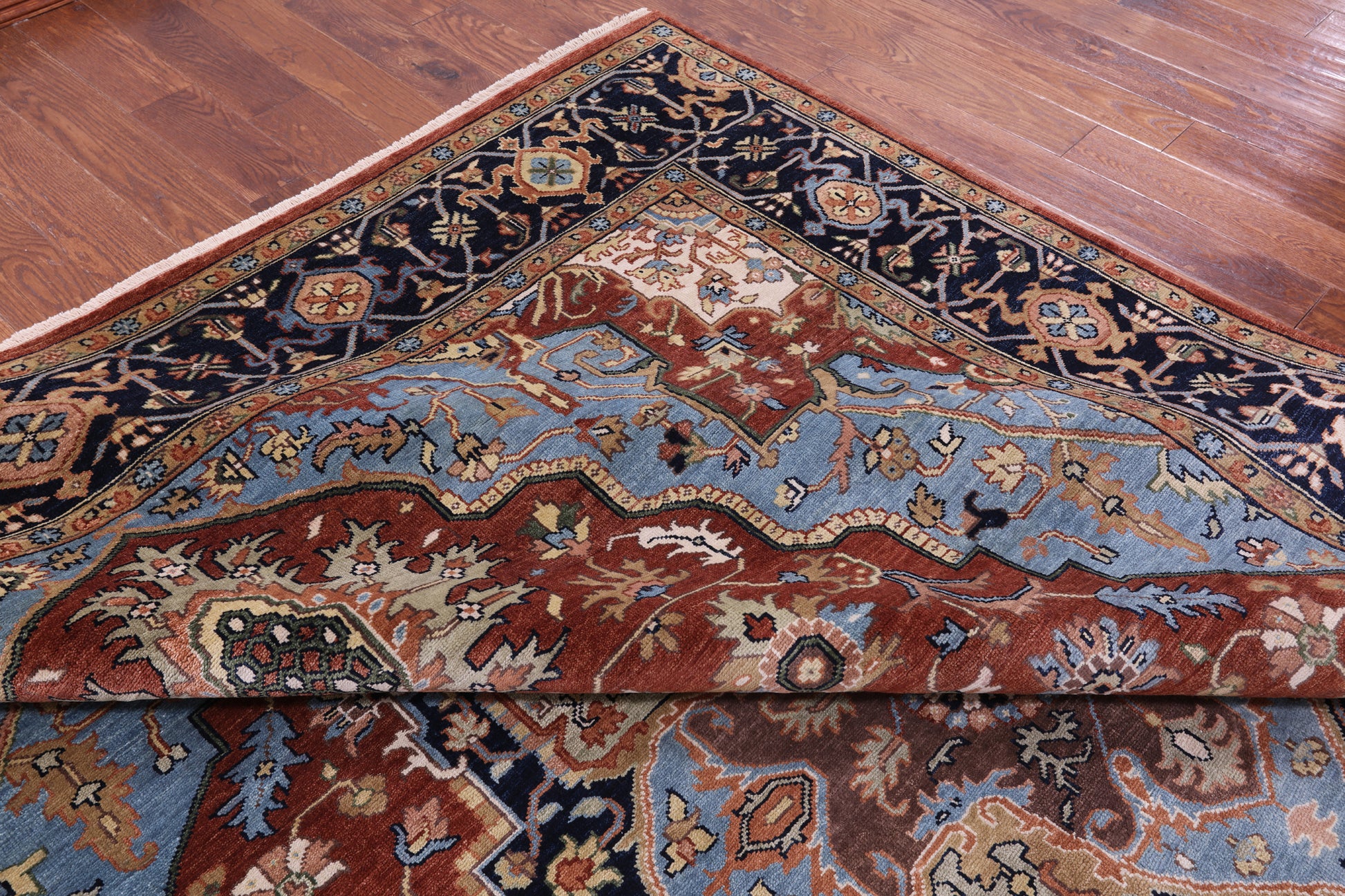 Rust Geometric Heriz Serapi Hand Knotted Wool Rug - 9' 0" X 18' 3" - Golden Nile