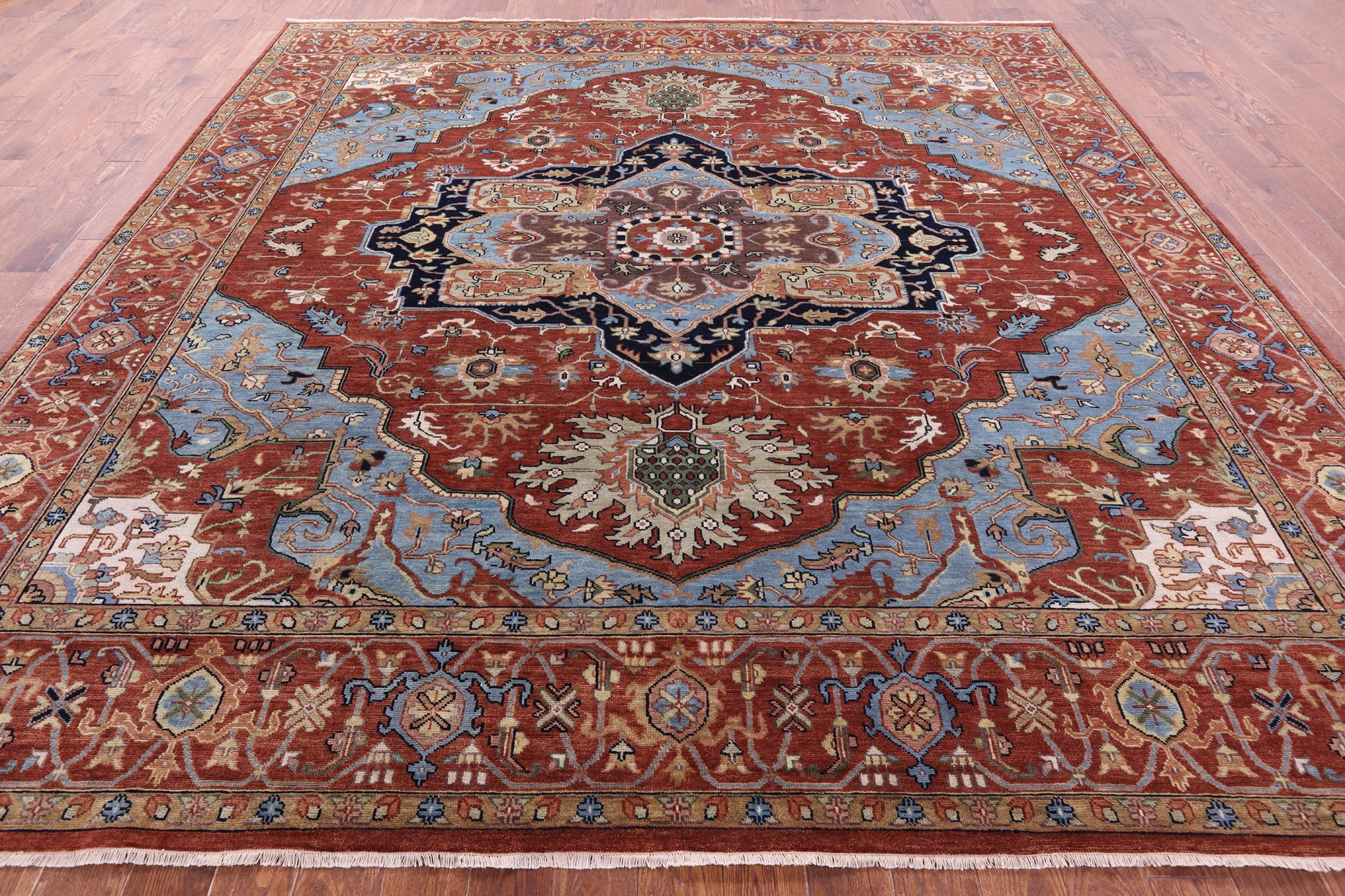 Rust Square Geometric Heriz Serapi Hand Knotted Wool Rug - 10' 10" X 11' 0" - Golden Nile