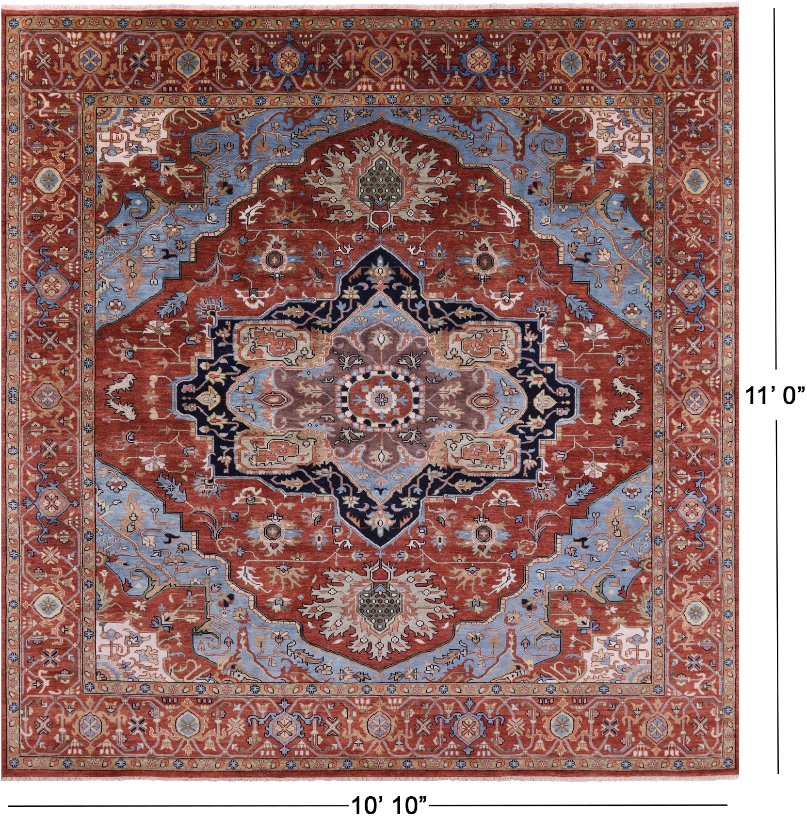 Rust Square Geometric Heriz Serapi Hand Knotted Wool Rug - 10' 10" X 11' 0" - Golden Nile