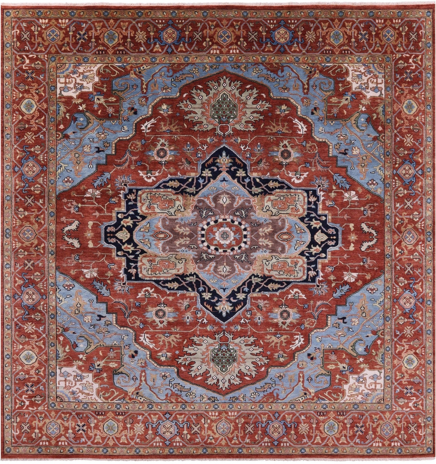Rust Square Geometric Heriz Serapi Hand Knotted Wool Rug - 10' 10" X 11' 0" - Golden Nile