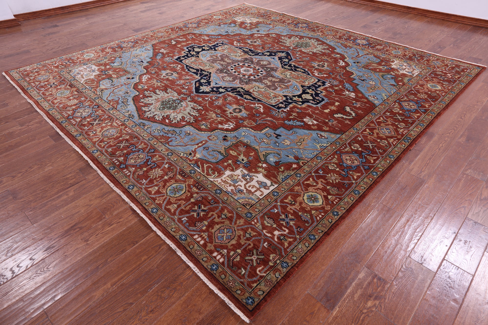 Rust Square Geometric Heriz Serapi Hand Knotted Wool Rug - 10' 10" X 11' 0" - Golden Nile