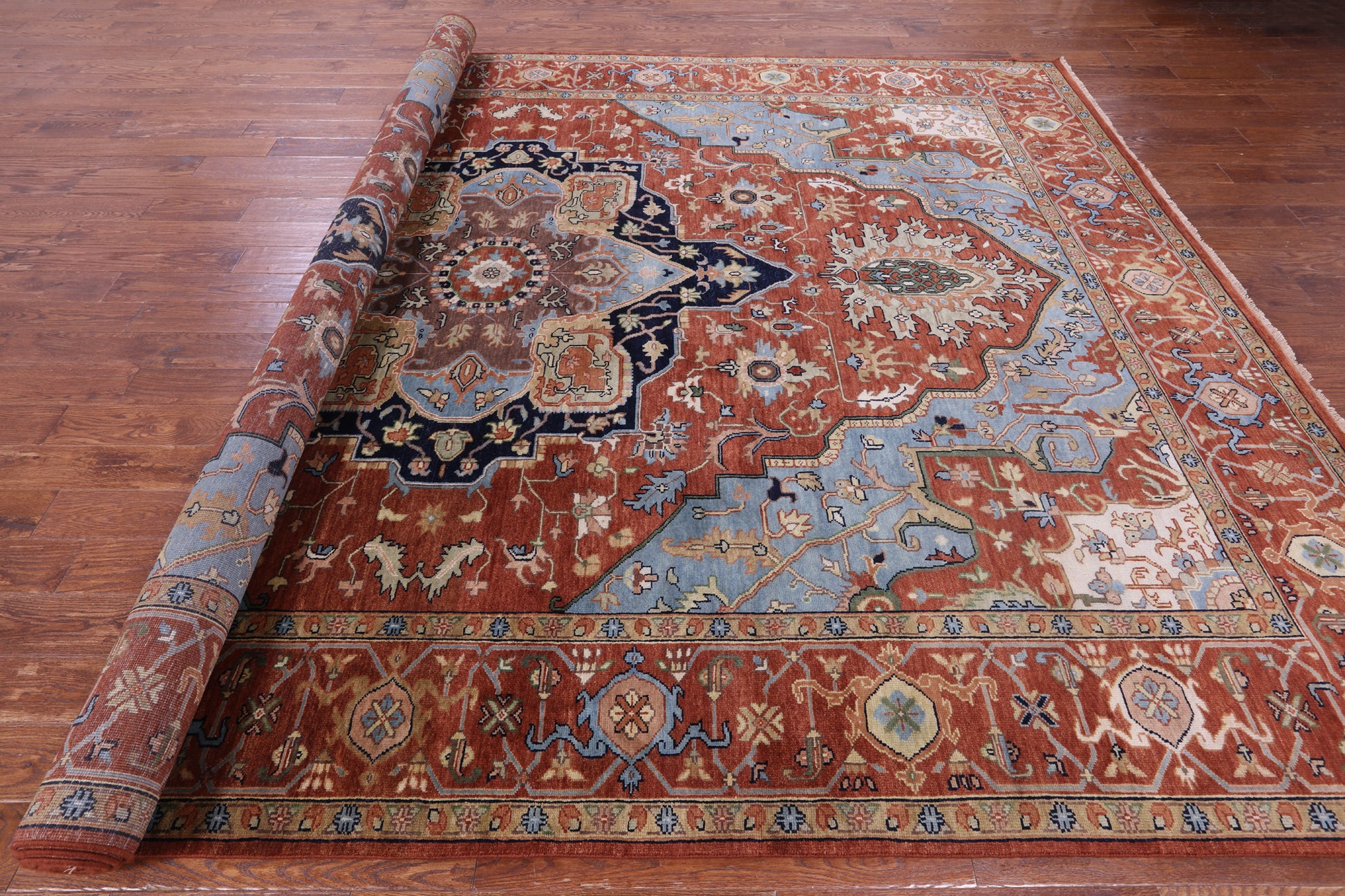 Rust Geometric Heriz Serapi Handmade Wool Rug - 9' 8" X 13' 10" - Golden Nile