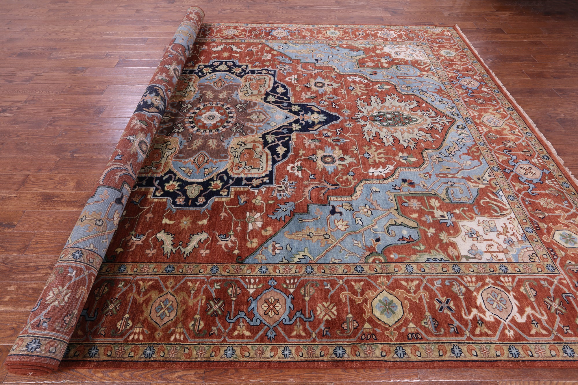 Rust Geometric Heriz Serapi Handmade Wool Rug - 9' 8" X 13' 10" - Golden Nile