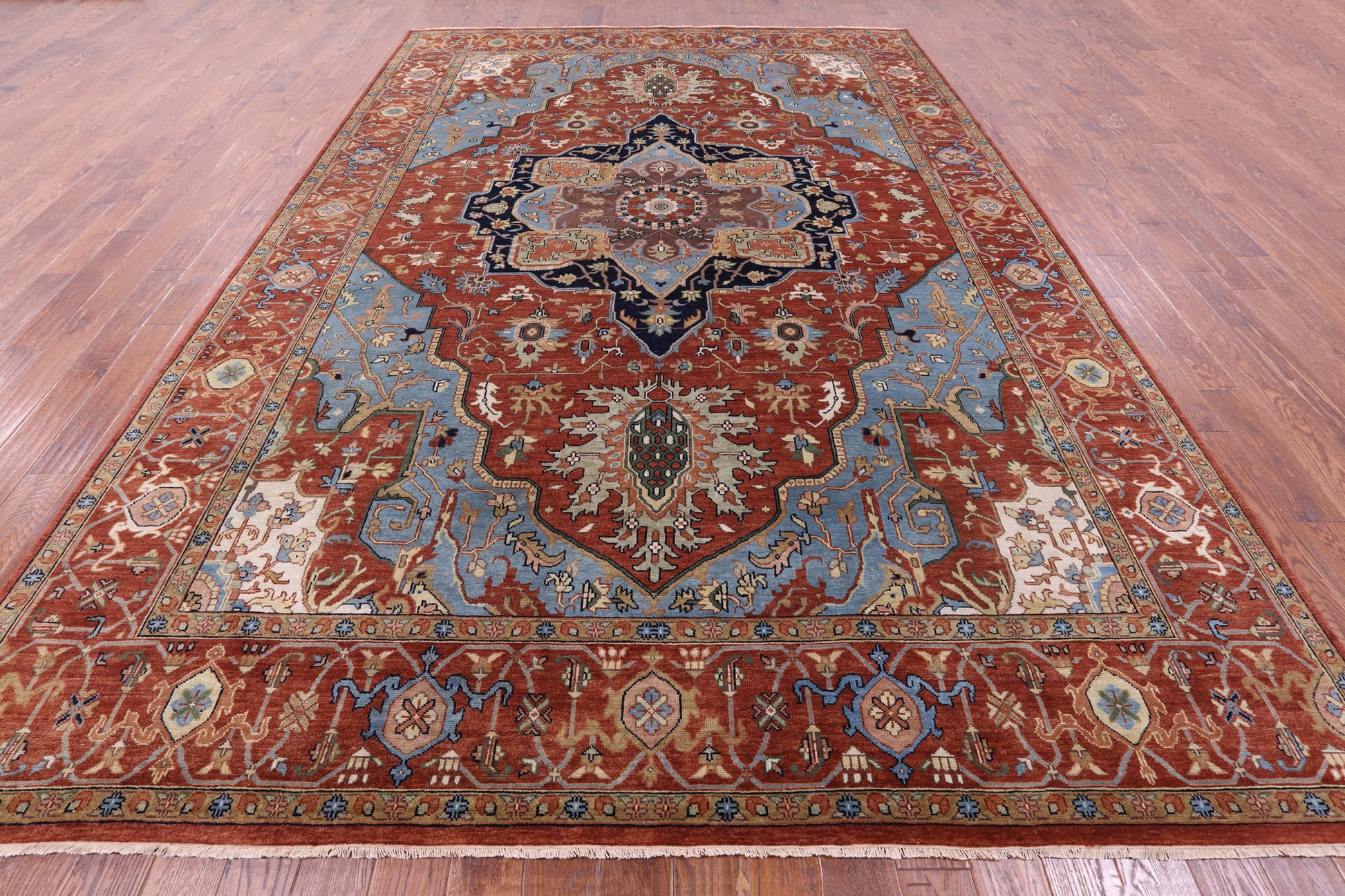 Rust Geometric Heriz Serapi Handmade Wool Rug - 9' 8" X 13' 10" - Golden Nile