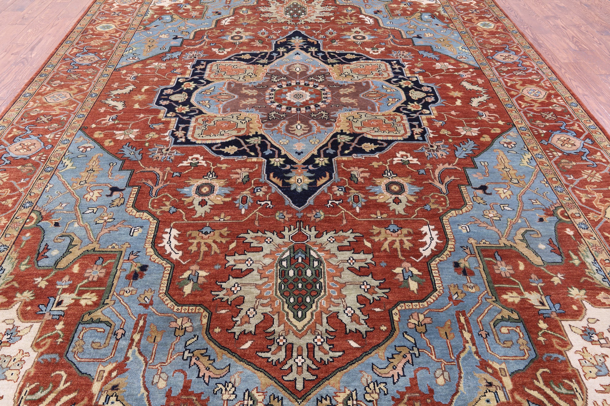 Rust Geometric Heriz Serapi Handmade Wool Rug - 9' 8" X 13' 10" - Golden Nile