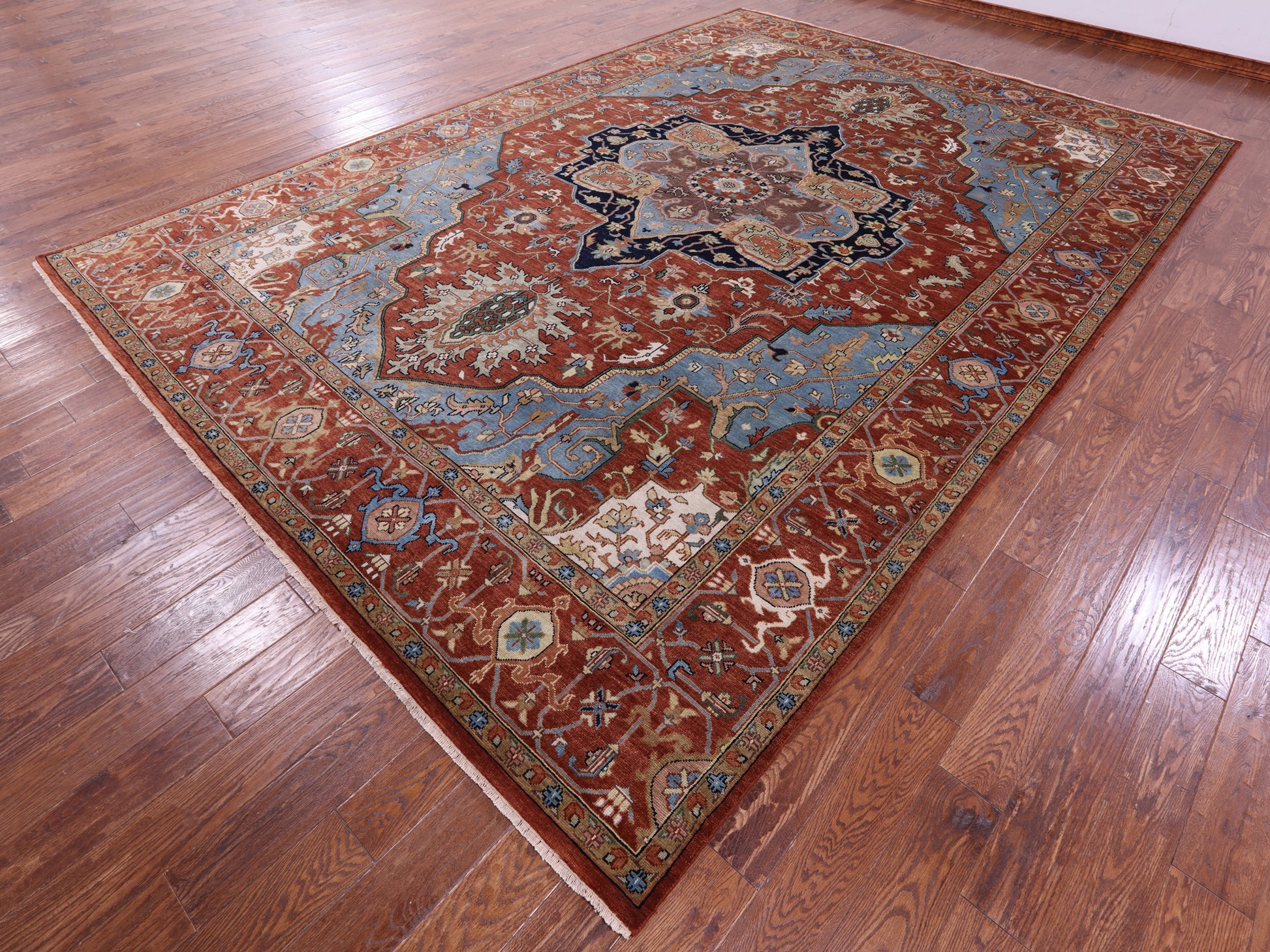 Rust Geometric Heriz Serapi Handmade Wool Rug - 9' 8" X 13' 10" - Golden Nile