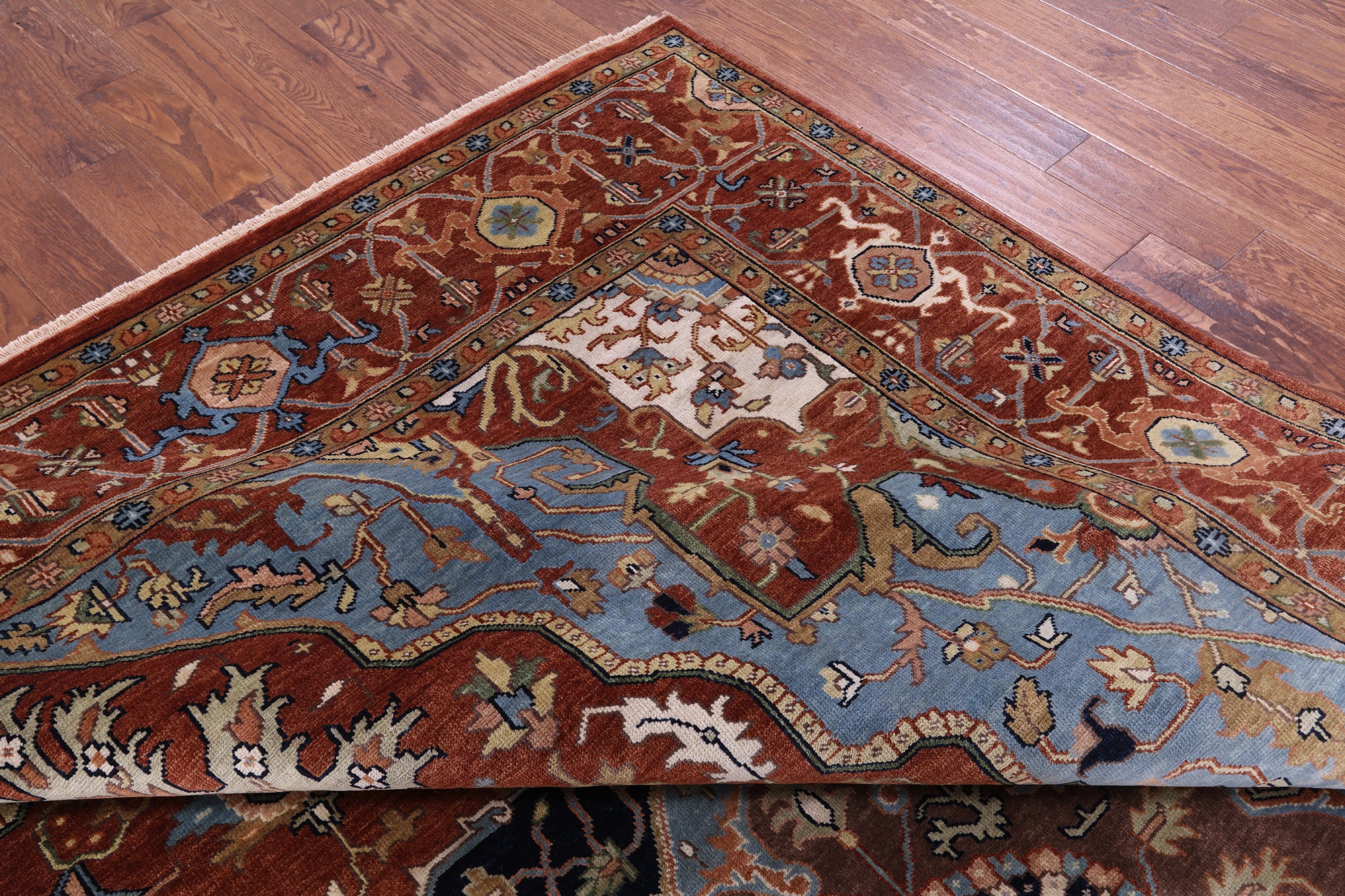 Rust Geometric Heriz Serapi Handmade Wool Rug - 9' 8" X 13' 10" - Golden Nile