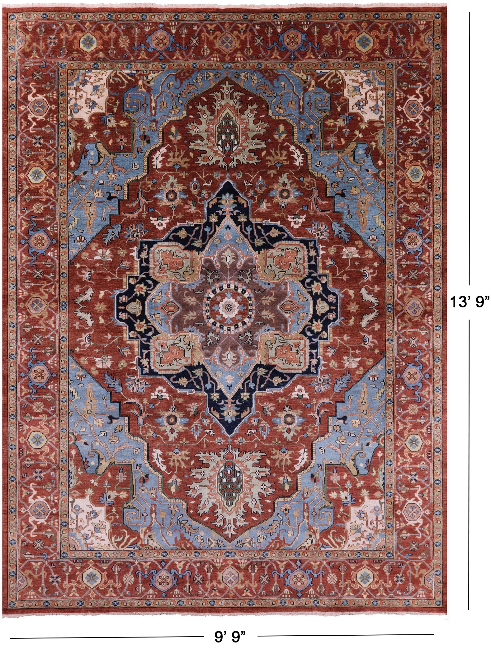 Rust Geometric Heriz Serapi Hand Knotted Wool Rug - 9' 9" X 13' 9" - Golden Nile