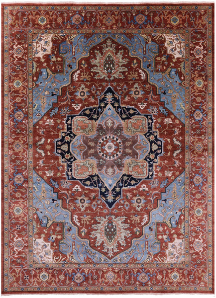 Rust Geometric Heriz Serapi Hand Knotted Wool Rug - 9' 9" X 13' 9" - Golden Nile