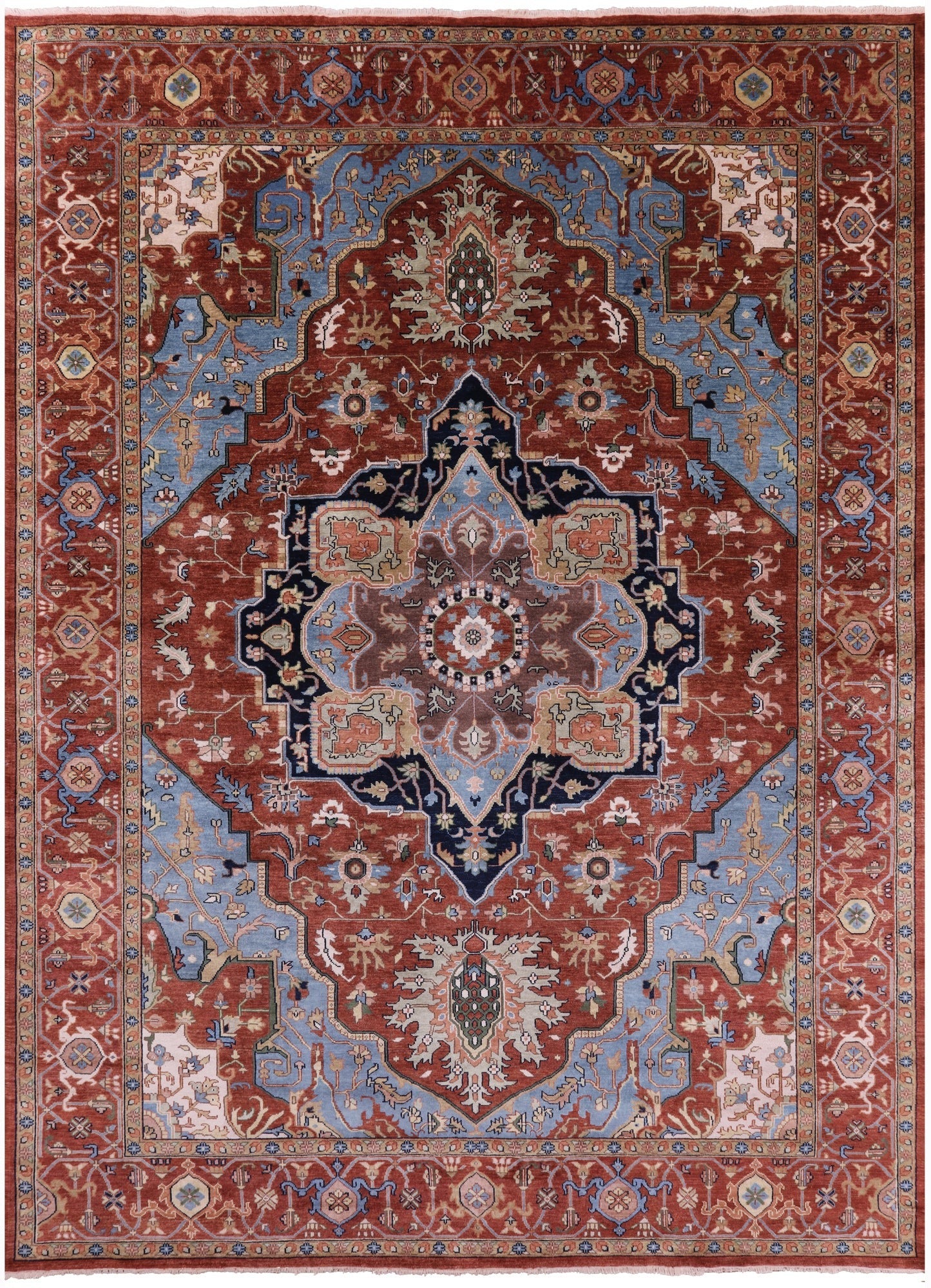 Rust Geometric Heriz Serapi Hand Knotted Wool Rug - 9' 9" X 13' 9" - Golden Nile