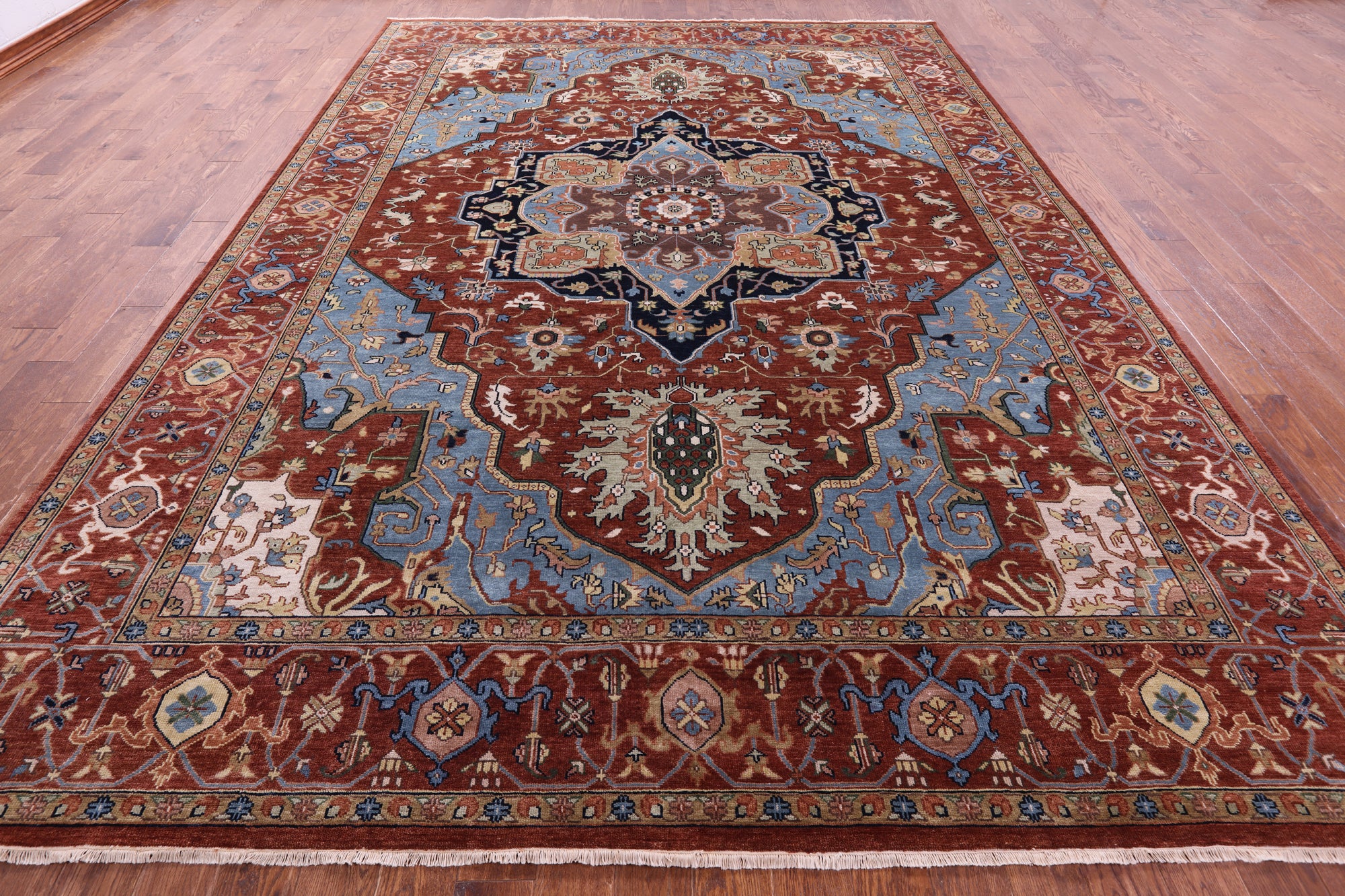 Rust Geometric Heriz Serapi Hand Knotted Wool Rug - 9' 9" X 13' 9" - Golden Nile