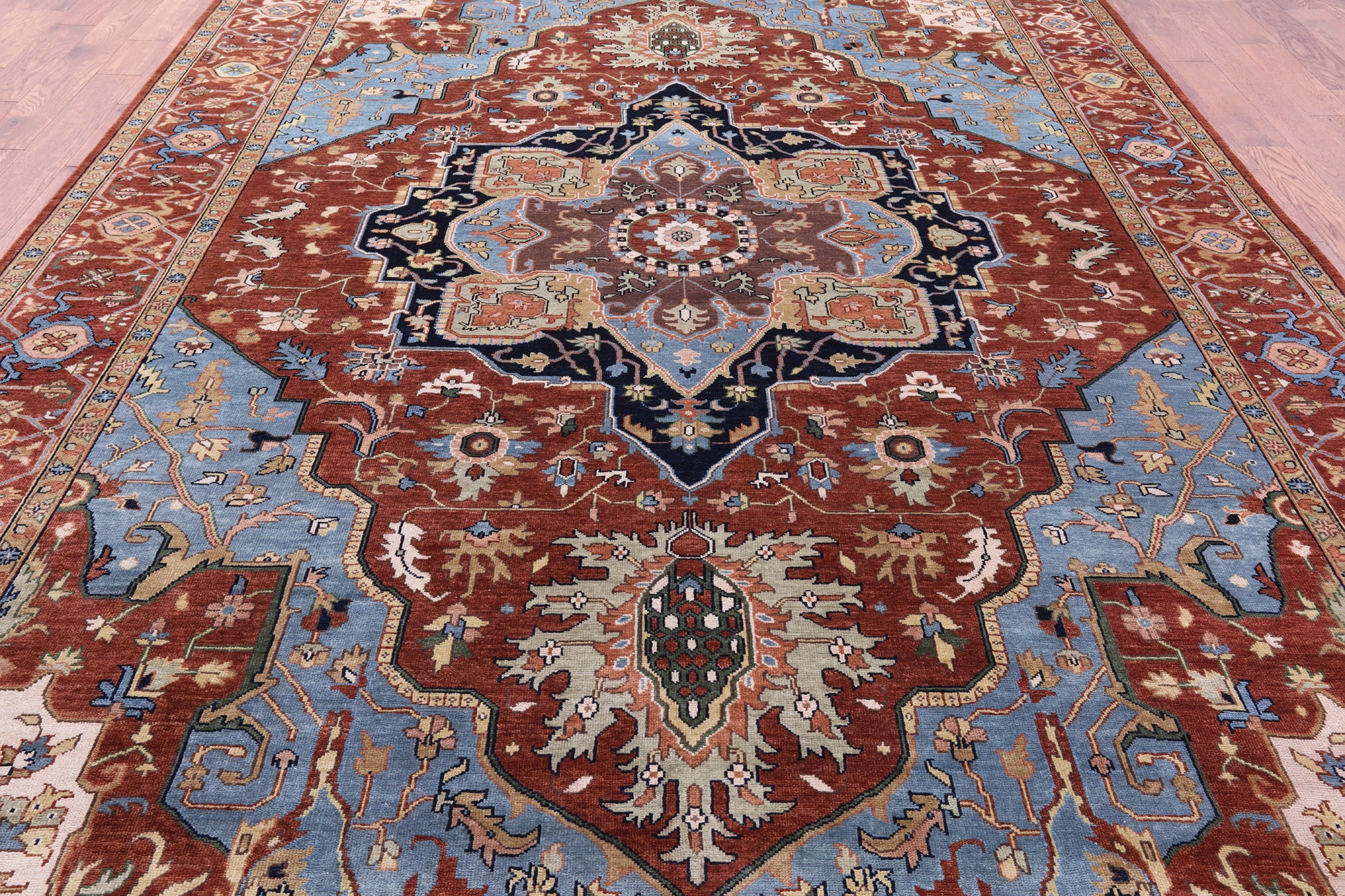 Rust Geometric Heriz Serapi Hand Knotted Wool Rug - 9' 9" X 13' 9" - Golden Nile