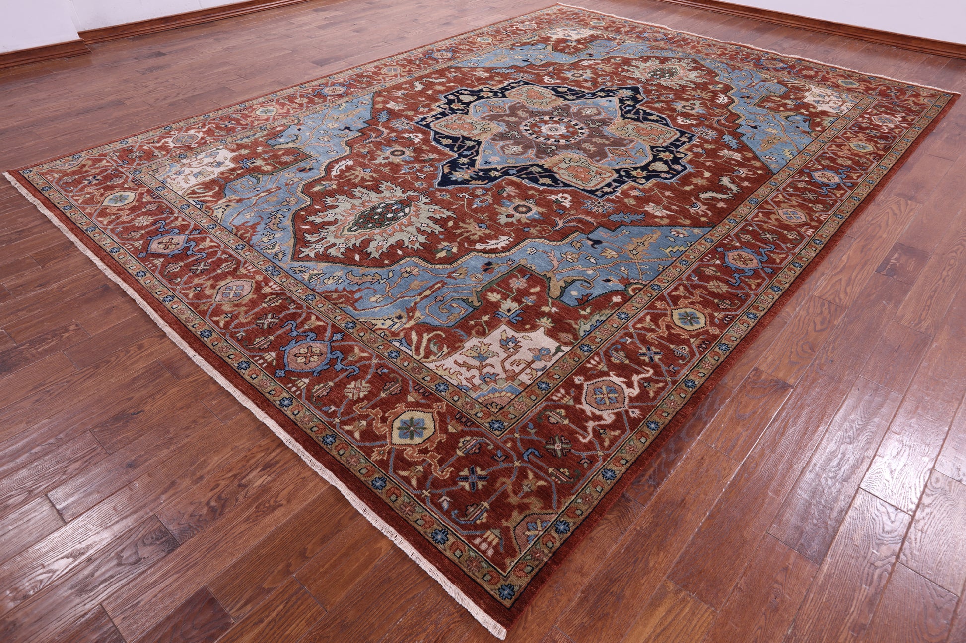 Rust Geometric Heriz Serapi Hand Knotted Wool Rug - 9' 9" X 13' 9" - Golden Nile