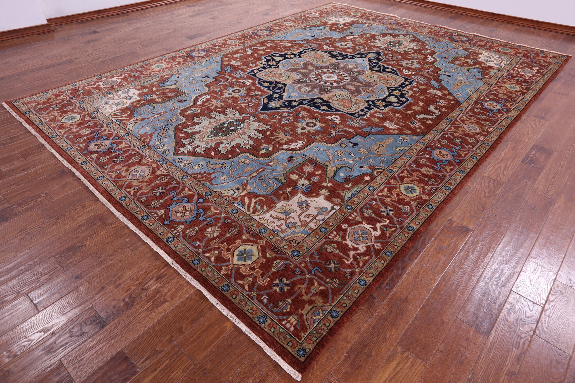 Rust Geometric Heriz Serapi Hand Knotted Wool Rug - 9' 9" X 13' 9" - Golden Nile