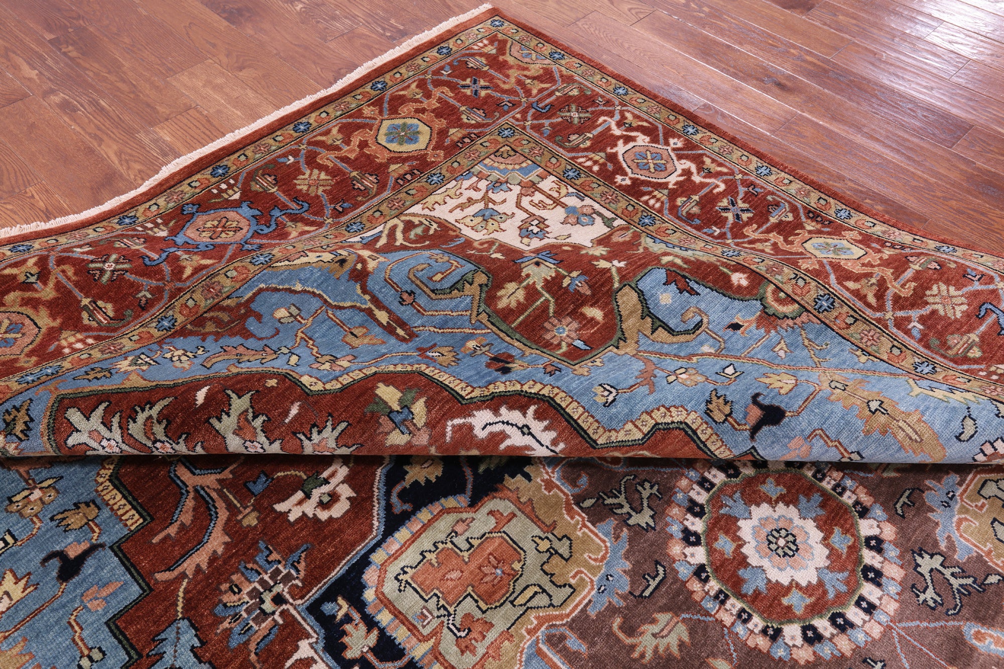 Rust Geometric Heriz Serapi Hand Knotted Wool Rug - 9' 9" X 13' 9" - Golden Nile