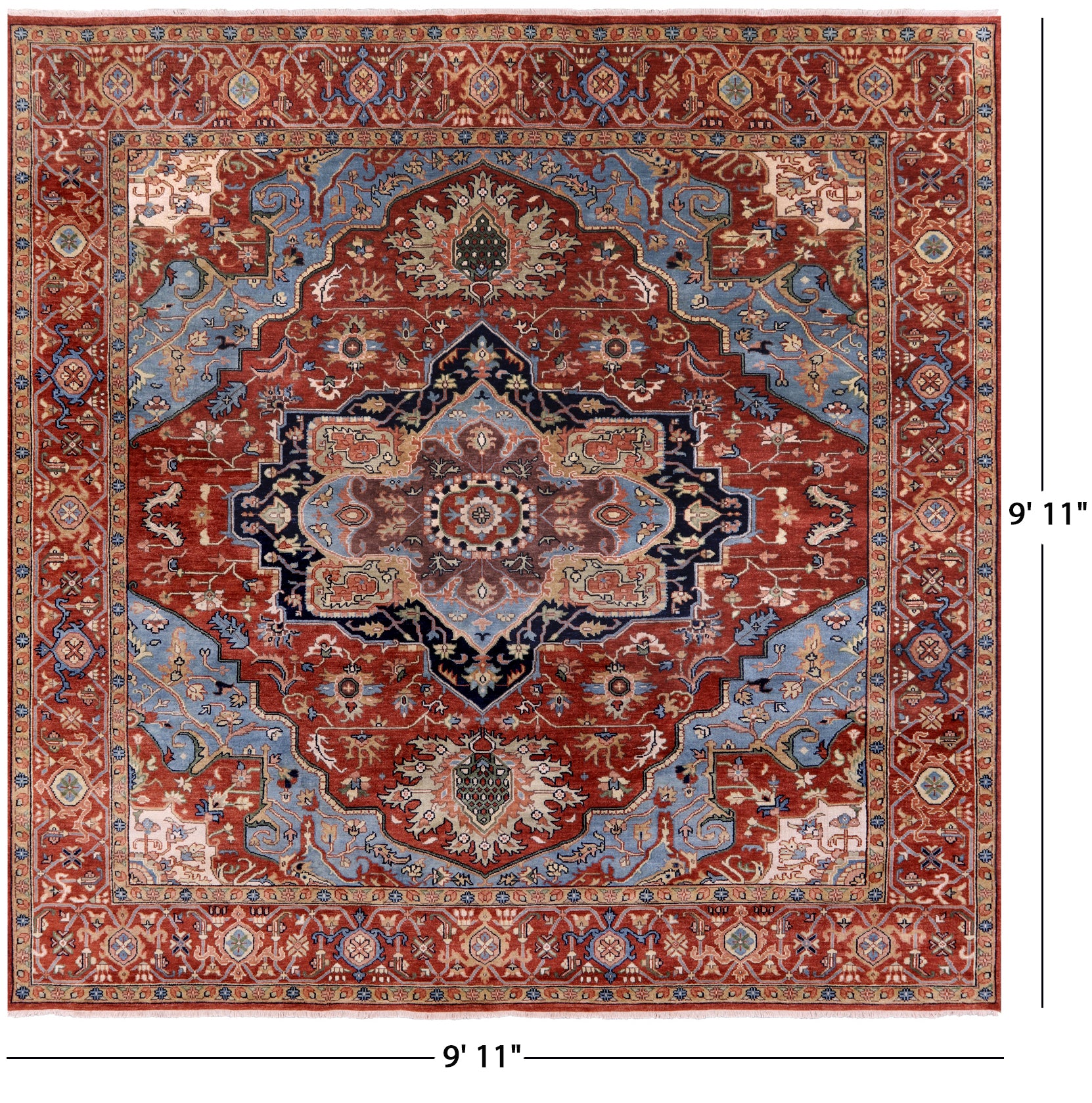 Rust Square Geometric Heriz Serapi Handmade Wool Rug - 9' 11" X 9' 11" - Golden Nile