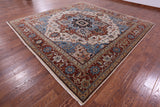 Ivory Square Persian Heriz Serapi Hand Knotted Wool Rug - 10' 10" X 10' 10" - Golden Nile