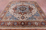 Ivory Square Geometric Heriz Serapi Hand Knotted Wool Rug - 8' 9" X 8' 9" - Golden Nile