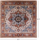 Ivory Square Geometric Heriz Serapi Hand Knotted Wool Rug - 8' 9" X 8' 9" - Golden Nile
