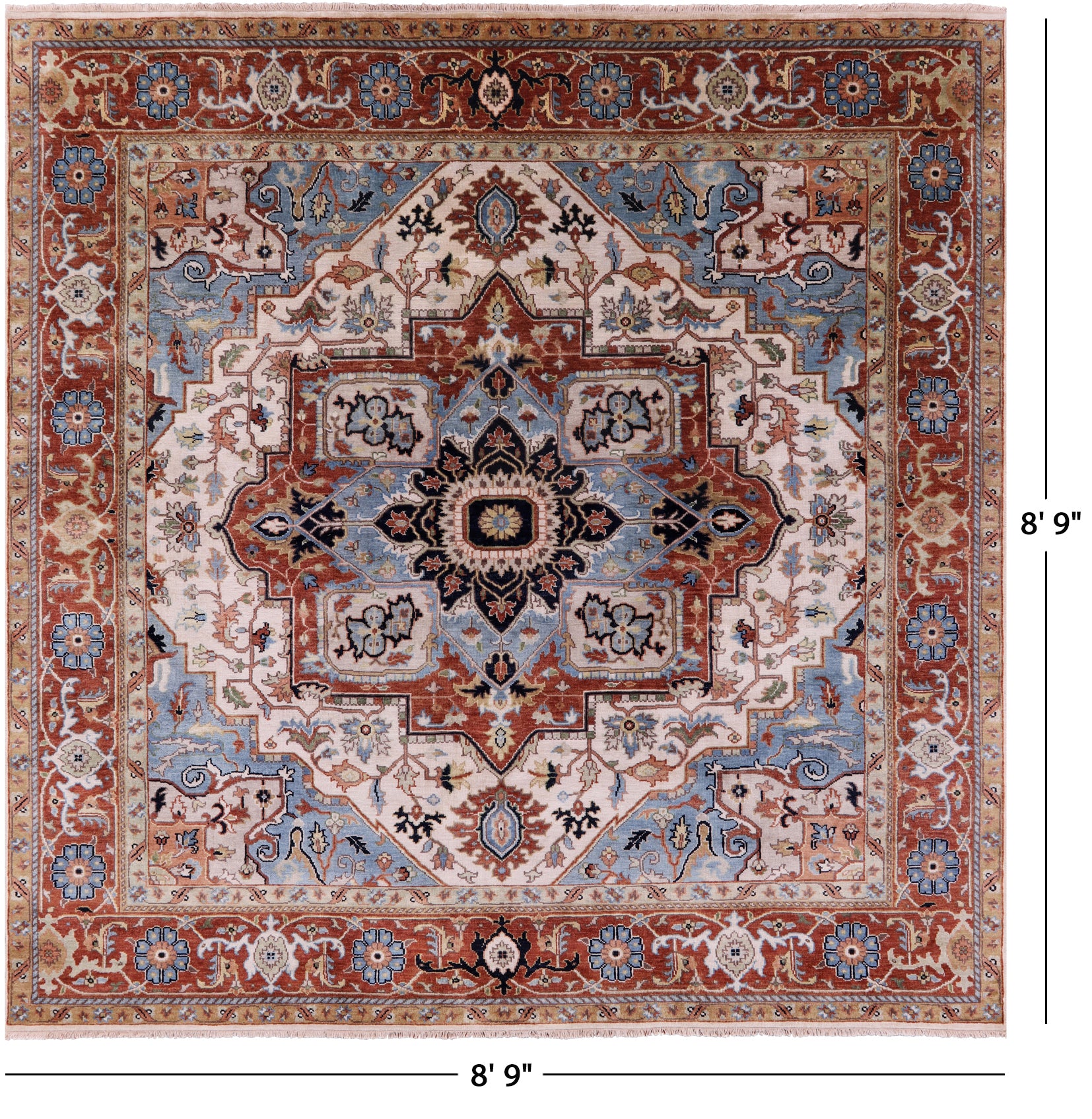 Ivory Square Geometric Heriz Serapi Hand Knotted Wool Rug - 8' 9" X 8' 9" - Golden Nile