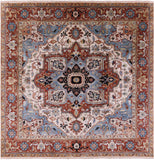 Ivory Square Geometric Heriz Serapi Hand Knotted Wool Rug - 8' 9" X 8' 9" - Golden Nile