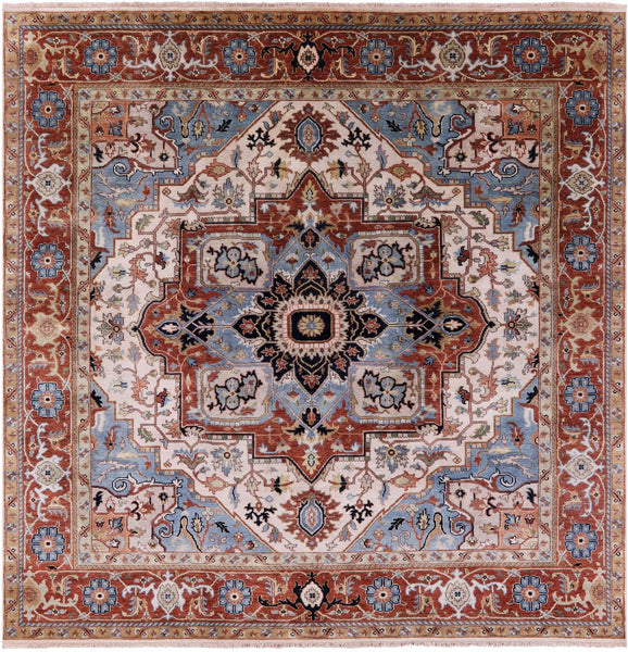 Ivory Square Geometric Heriz Serapi Hand Knotted Wool Rug - 8' 9" X 8' 9" - Golden Nile
