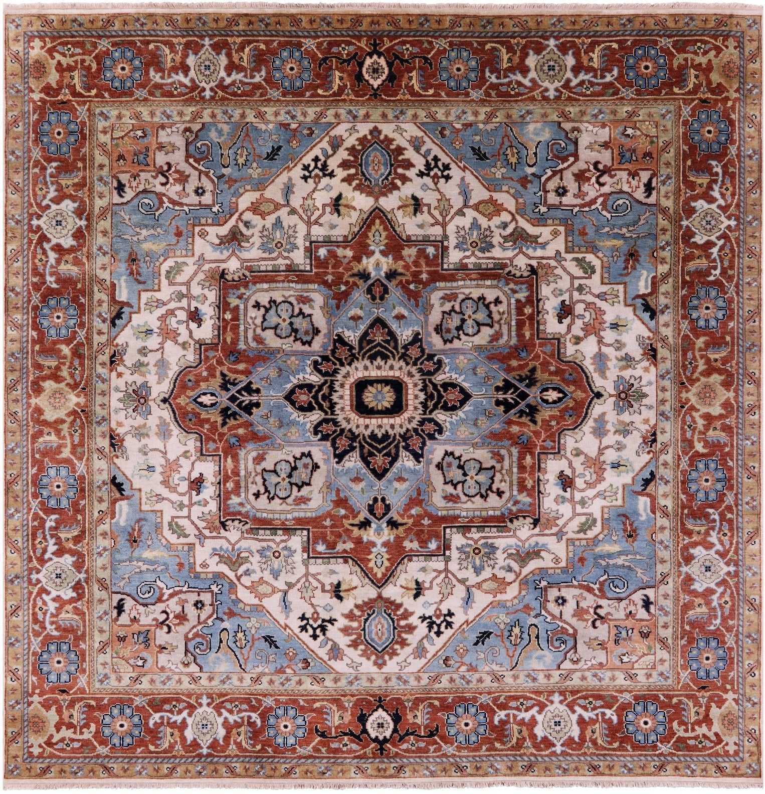 Ivory Square Geometric Heriz Serapi Hand Knotted Wool Rug - 8' 9" X 8' 9" - Golden Nile