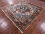 Ivory Square Geometric Heriz Serapi Hand Knotted Wool Rug - 8' 9" X 8' 9" - Golden Nile