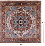 Ivory Square Geometric Heriz Serapi Handmade Wool Rug - 8' 0" X 8' 0" - Golden Nile