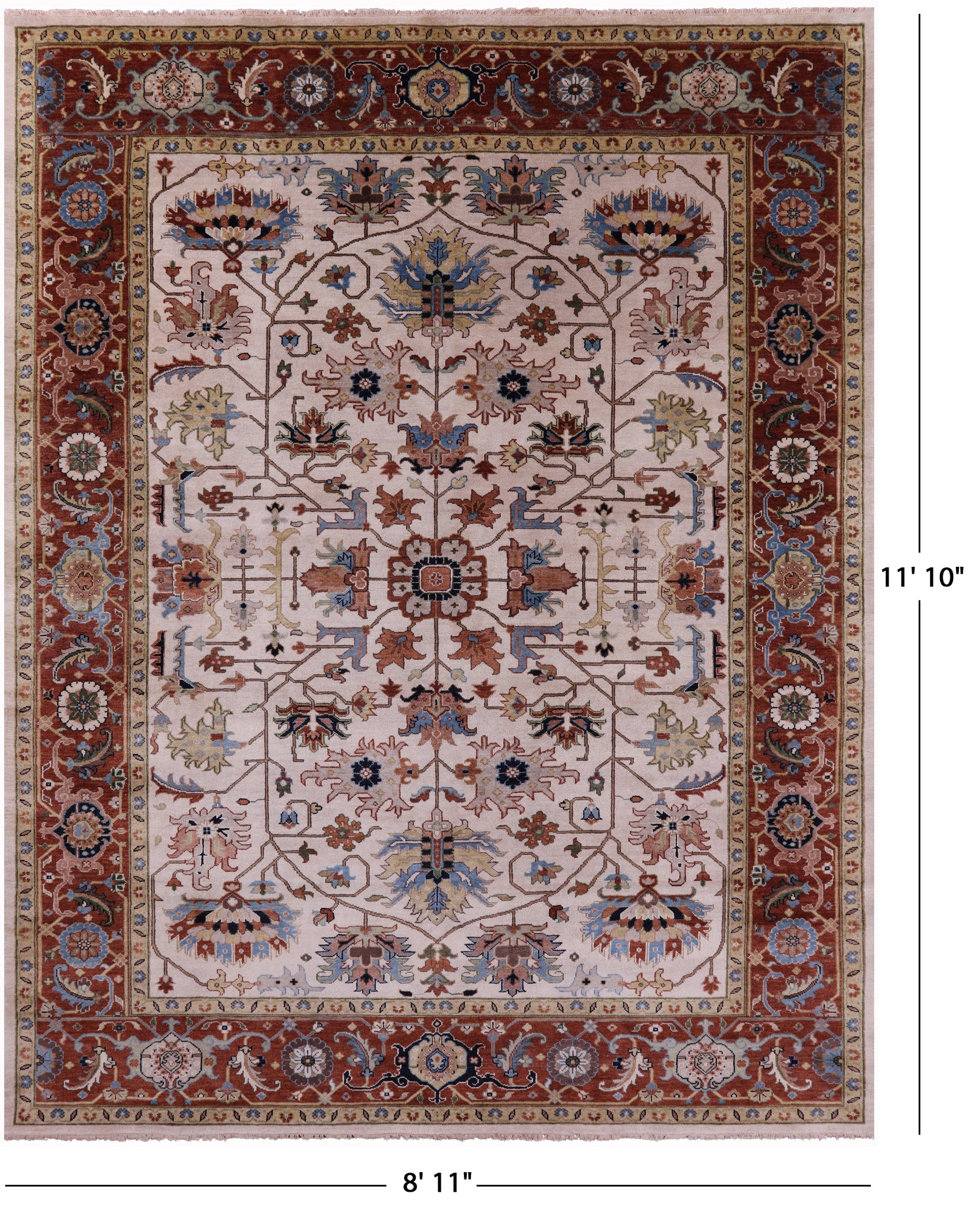Ivory Geometric Heriz Serapi Hand Knotted Wool Rug - 8' 11" X 11' 10" - Golden Nile