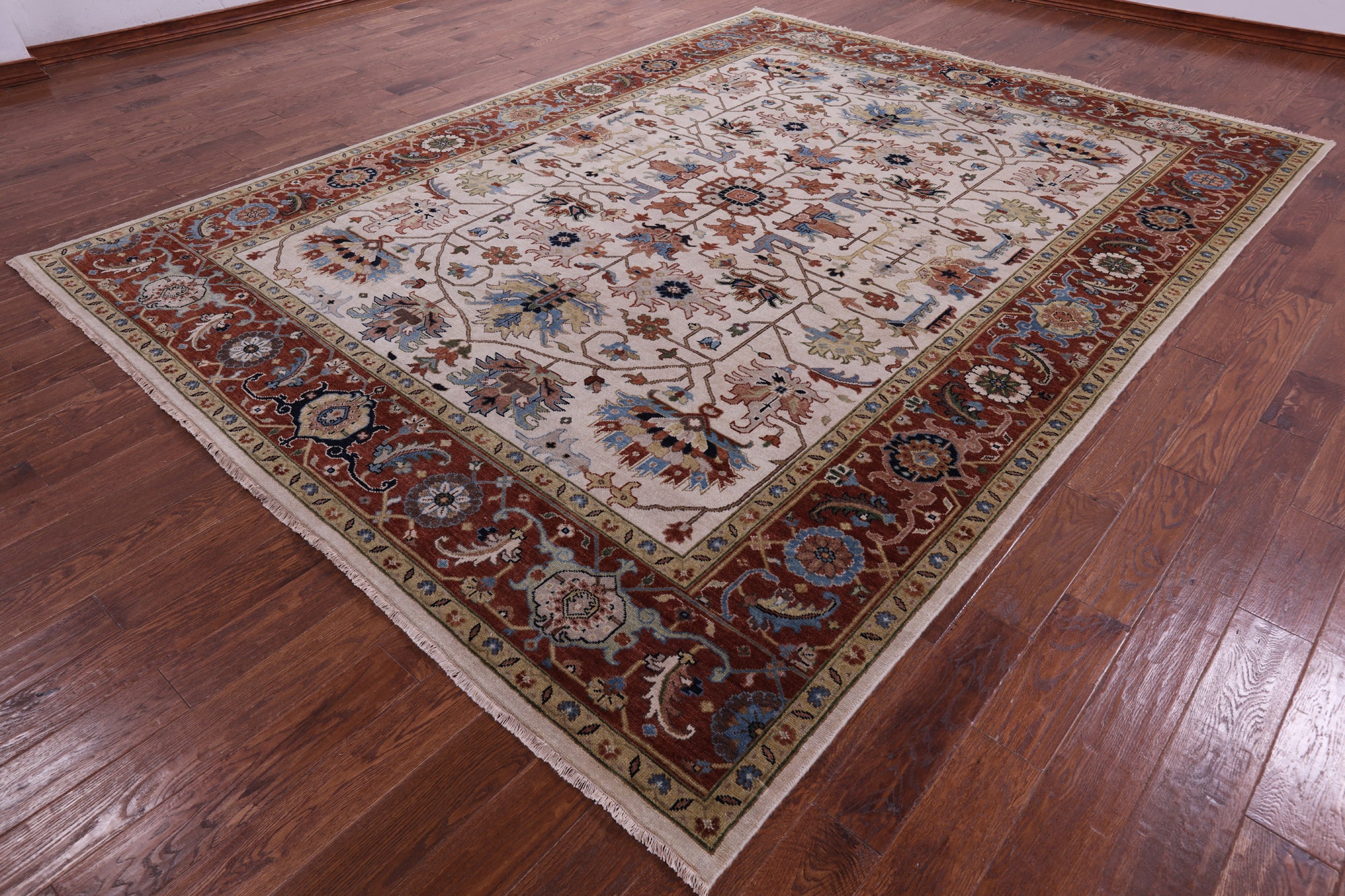 Ivory Geometric Heriz Serapi Hand Knotted Wool Rug - 8' 11" X 11' 10" - Golden Nile
