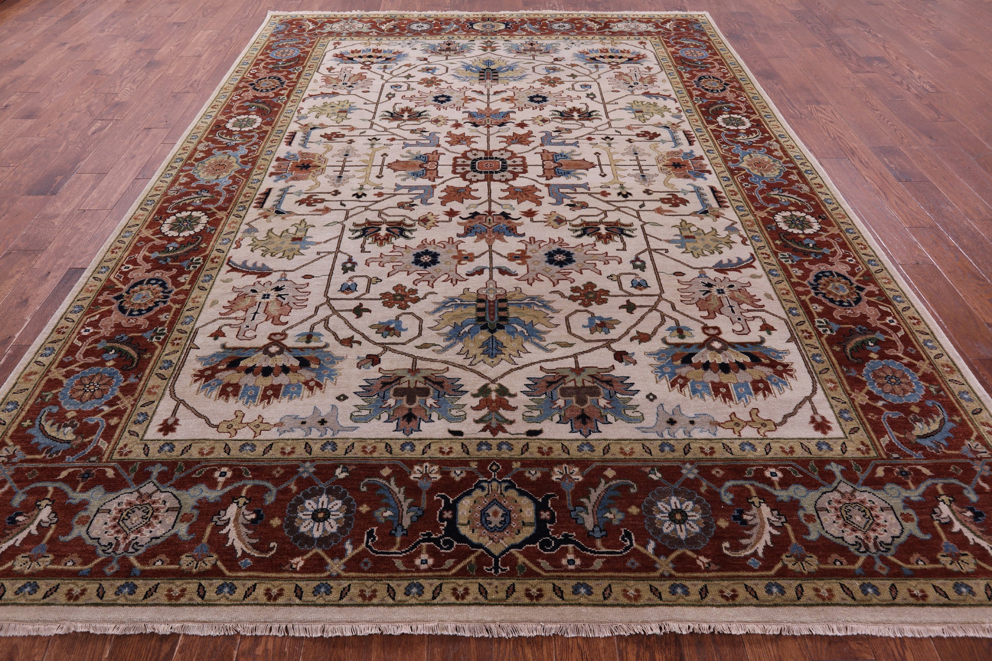 Ivory Geometric Heriz Serapi Hand Knotted Wool Rug - 8' 11" X 11' 10" - Golden Nile