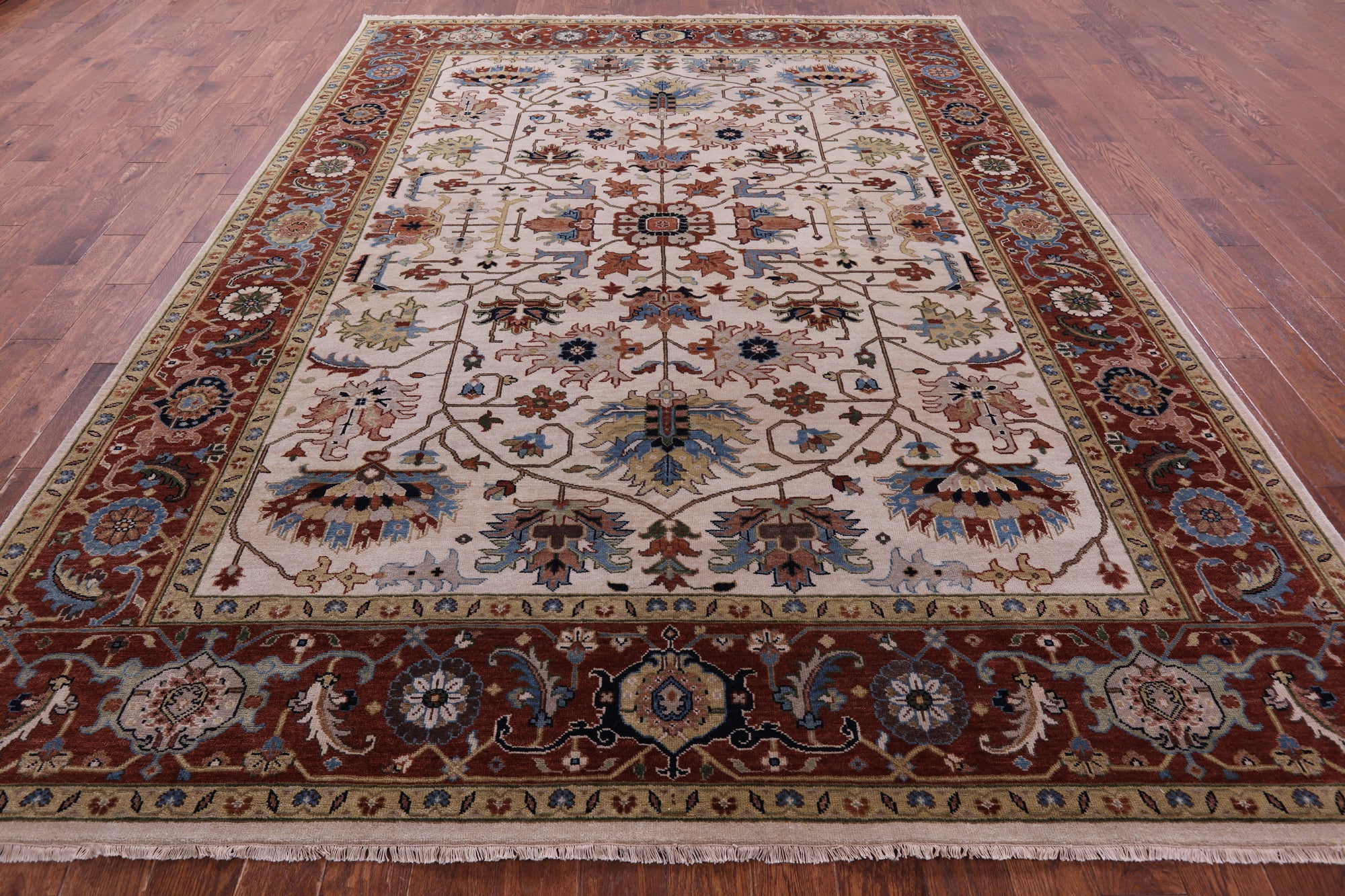 Ivory Geometric Heriz Serapi Hand Knotted Wool Rug - 8' 11" X 11' 10" - Golden Nile