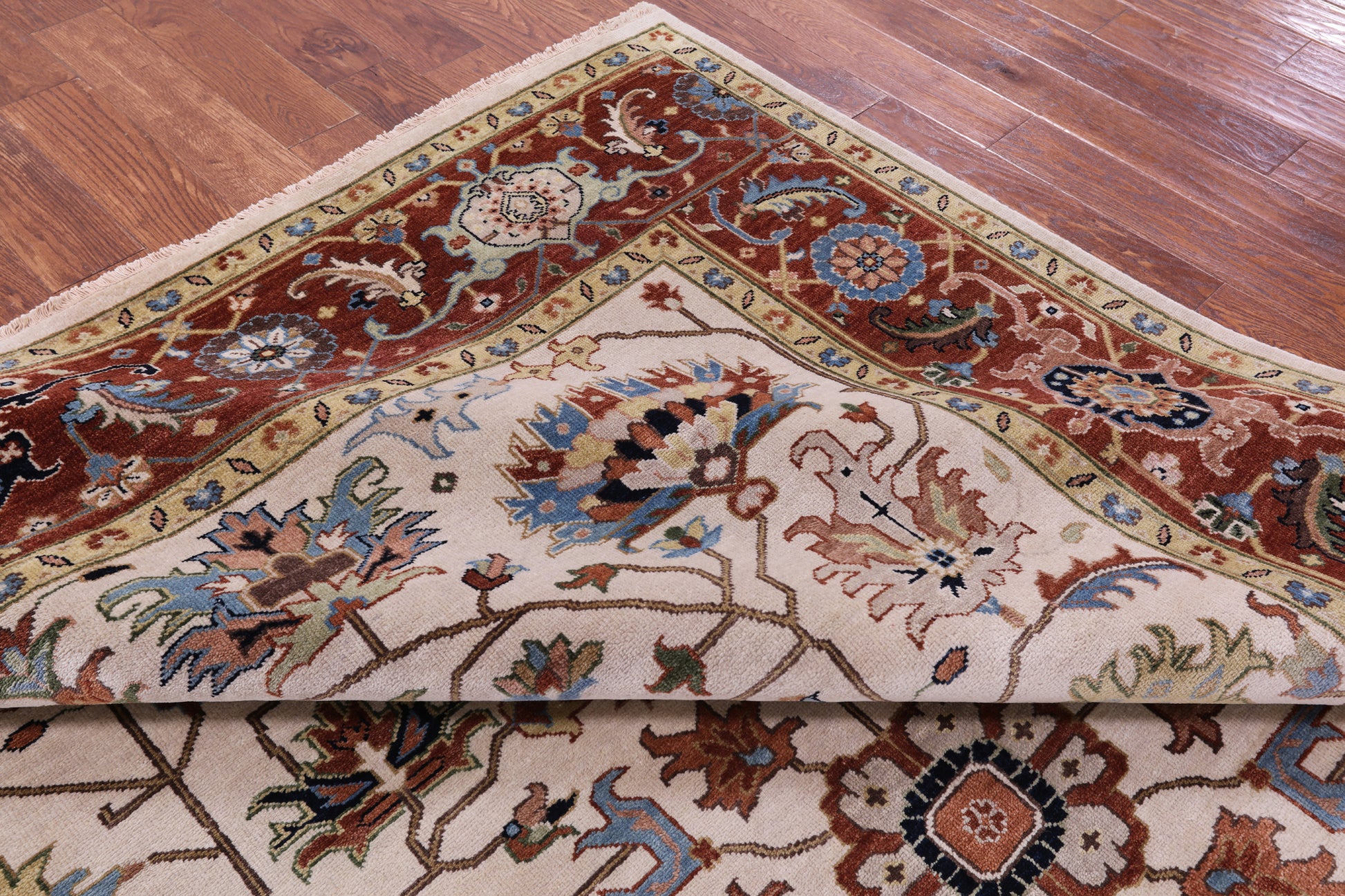Ivory Geometric Heriz Serapi Hand Knotted Wool Rug - 8' 11" X 11' 10" - Golden Nile