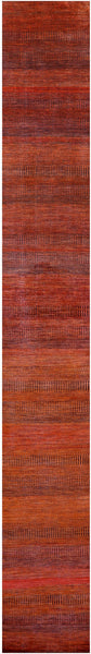 Orange Savannah Grass Hand Knotted Wool & Silk Runner Rug - 2' 5" X 17' 9" - Golden Nile
