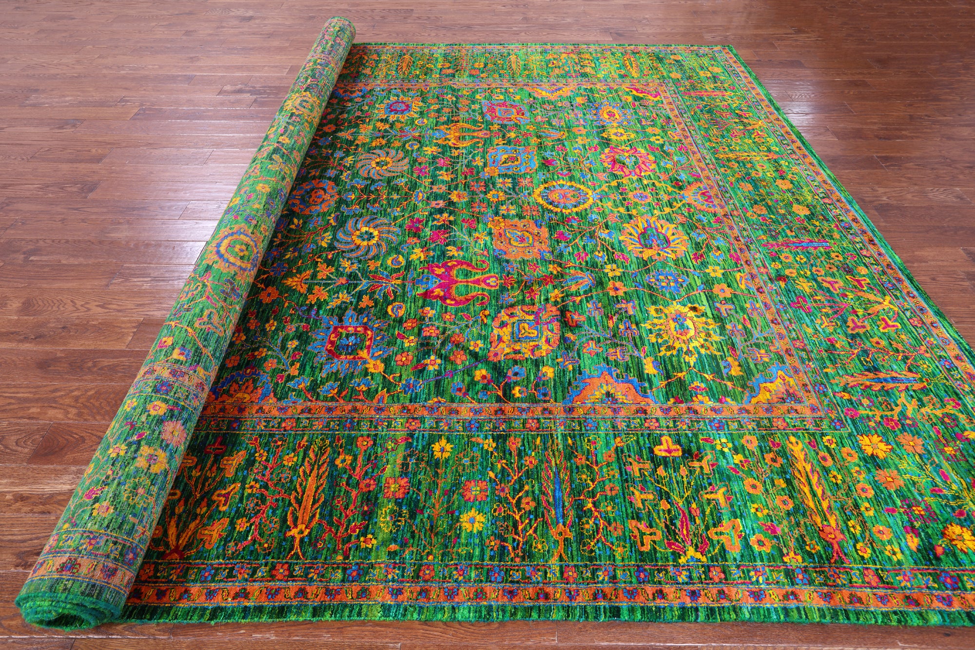Green Persian Tabriz Hand Knotted 100% Silk Rug - 10' 0" X 14' 2" - Golden Nile