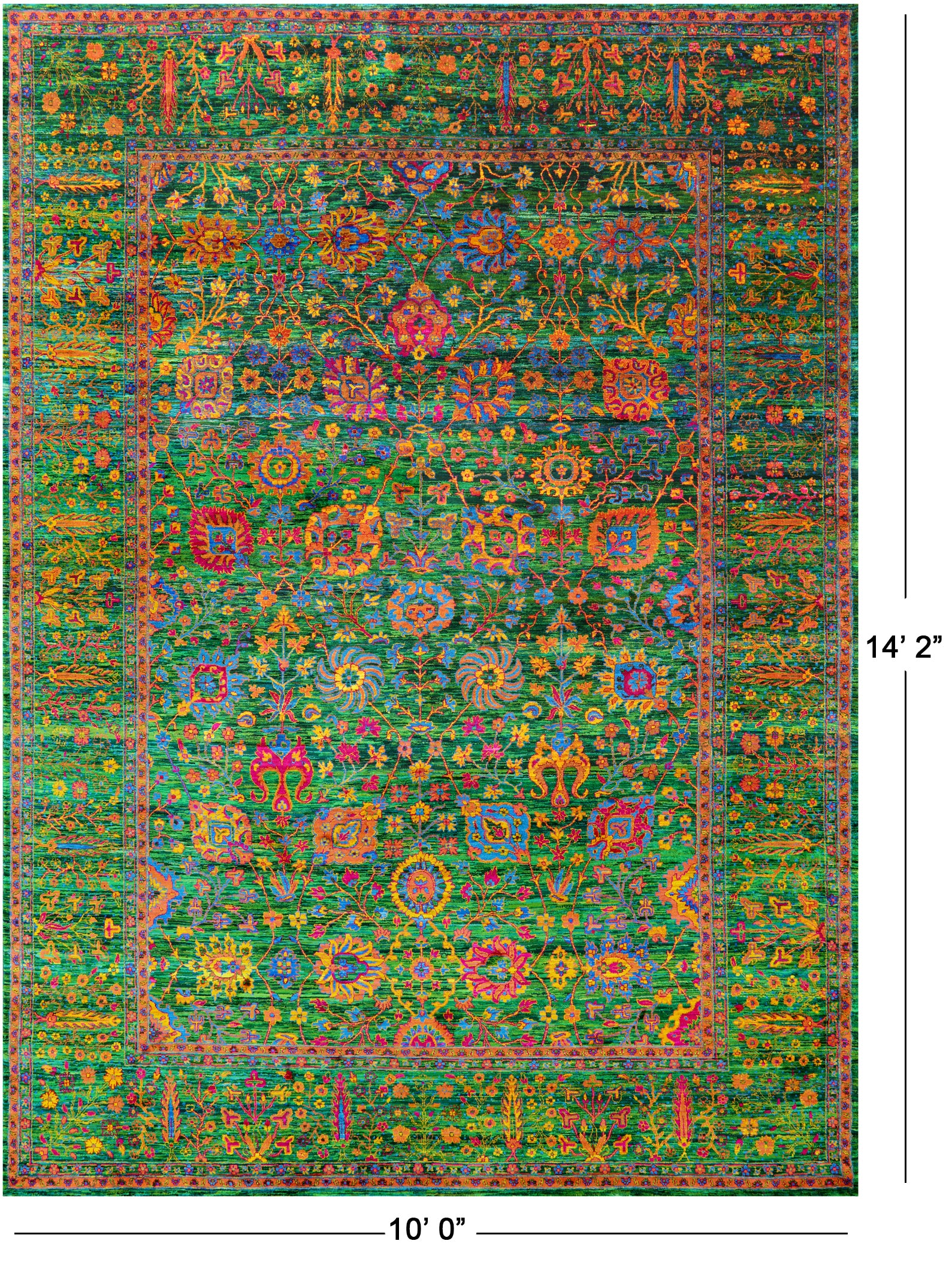 Green Persian Tabriz Hand Knotted 100% Silk Rug - 10' 0" X 14' 2" - Golden Nile