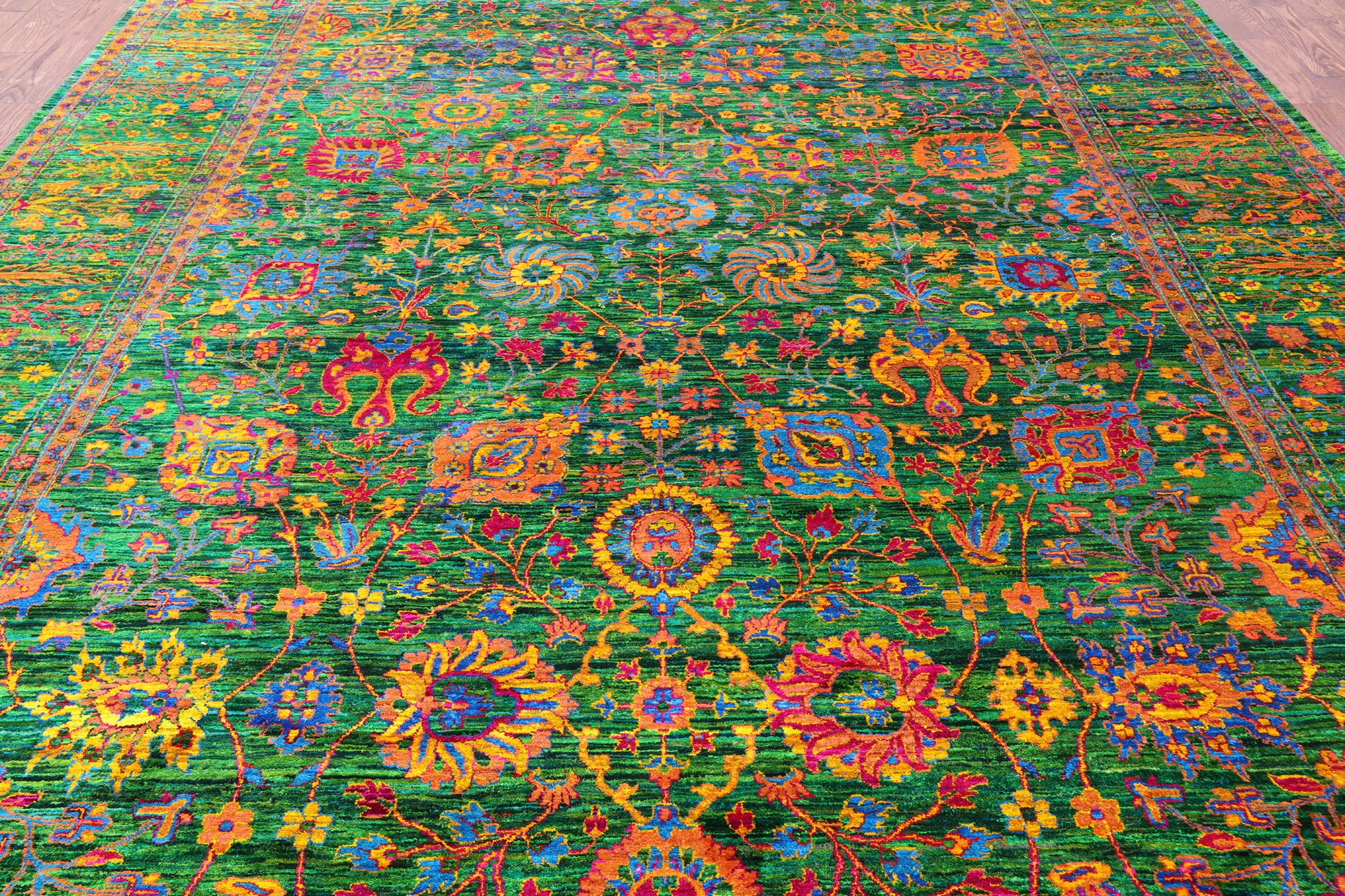 Green Persian Tabriz Hand Knotted 100% Silk Rug - 10' 0" X 14' 2" - Golden Nile