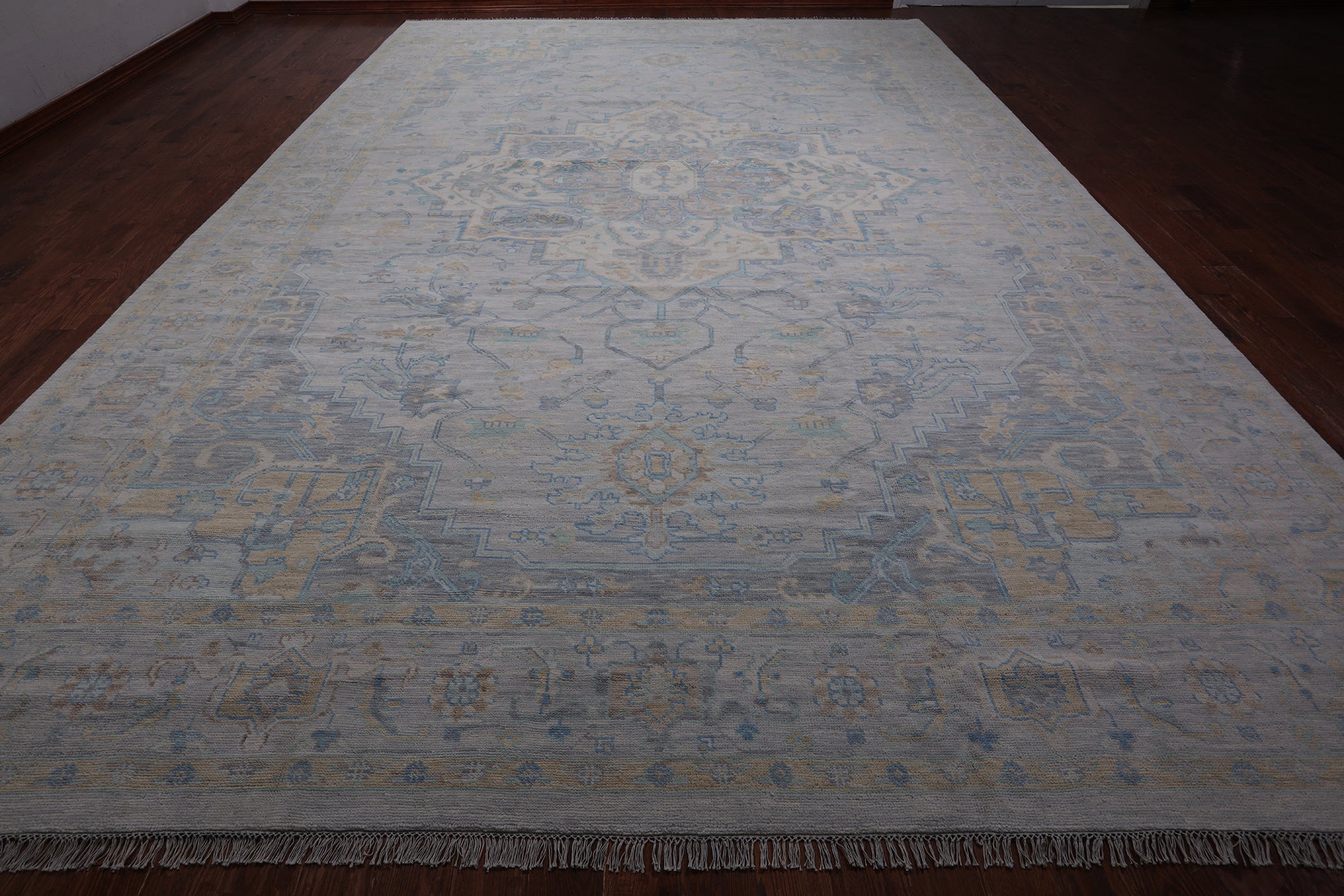 Silver Geometric Heriz Serapi Hand Knotted Wool Rug - 12' 2" X 17' 10"