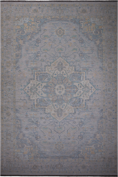 Silver Geometric Heriz Serapi Hand Knotted Wool Rug - 12' 2" X 17' 10"