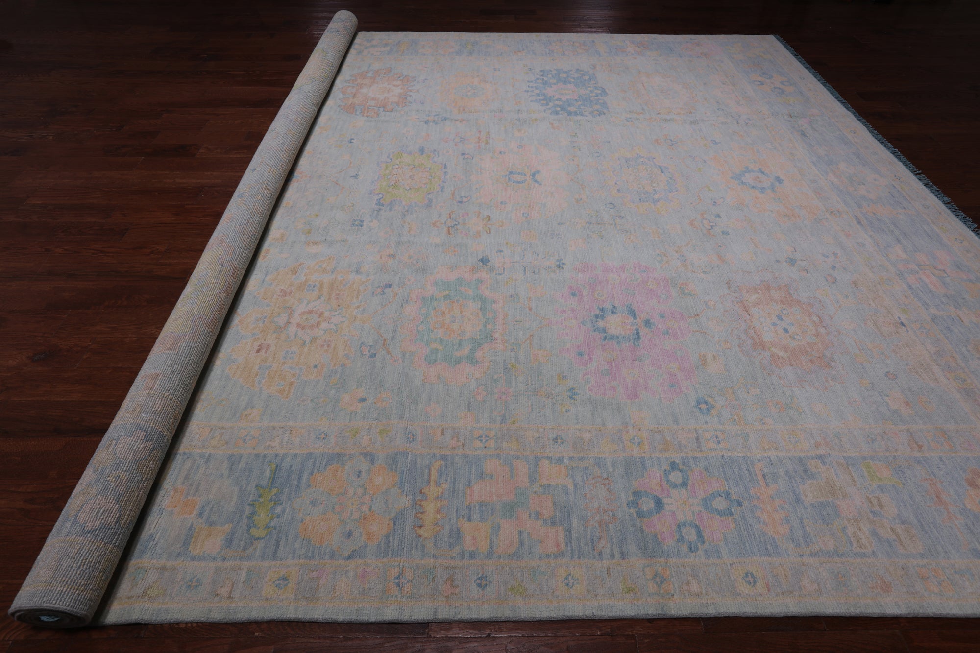 SUPER SALE Light Blue Turkish Oushak Hand Knotted Wool Rug - 12' 0" X 14' 9"