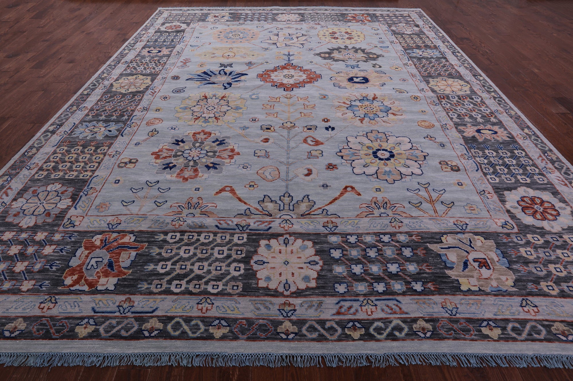 Light Blue Persian Heriz Serapi Hand Knotted Wool Rug - 12' 0" X 14' 11" - Golden Nile