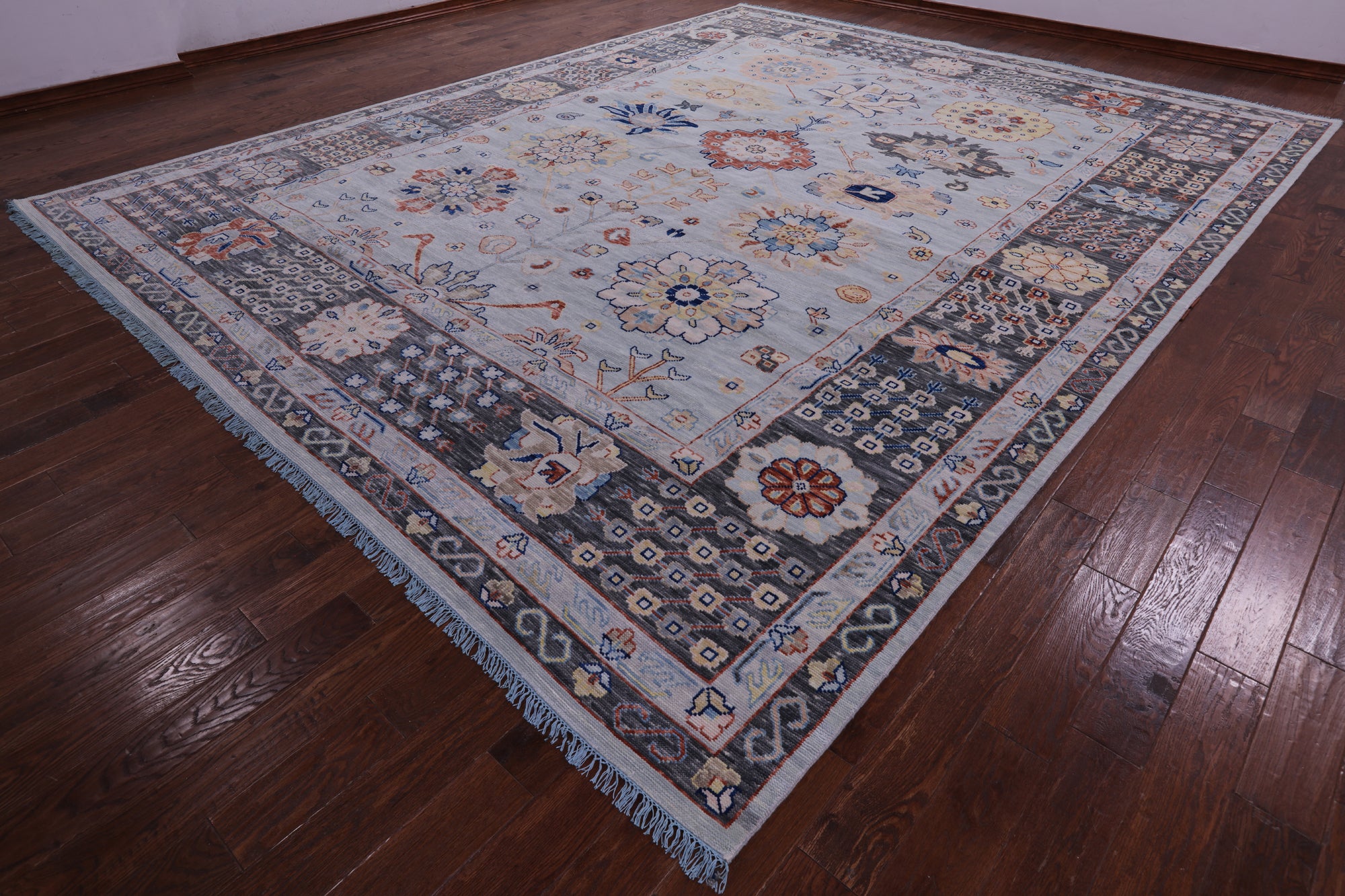 Light Blue Persian Heriz Serapi Hand Knotted Wool Rug - 12' 0" X 14' 11" - Golden Nile