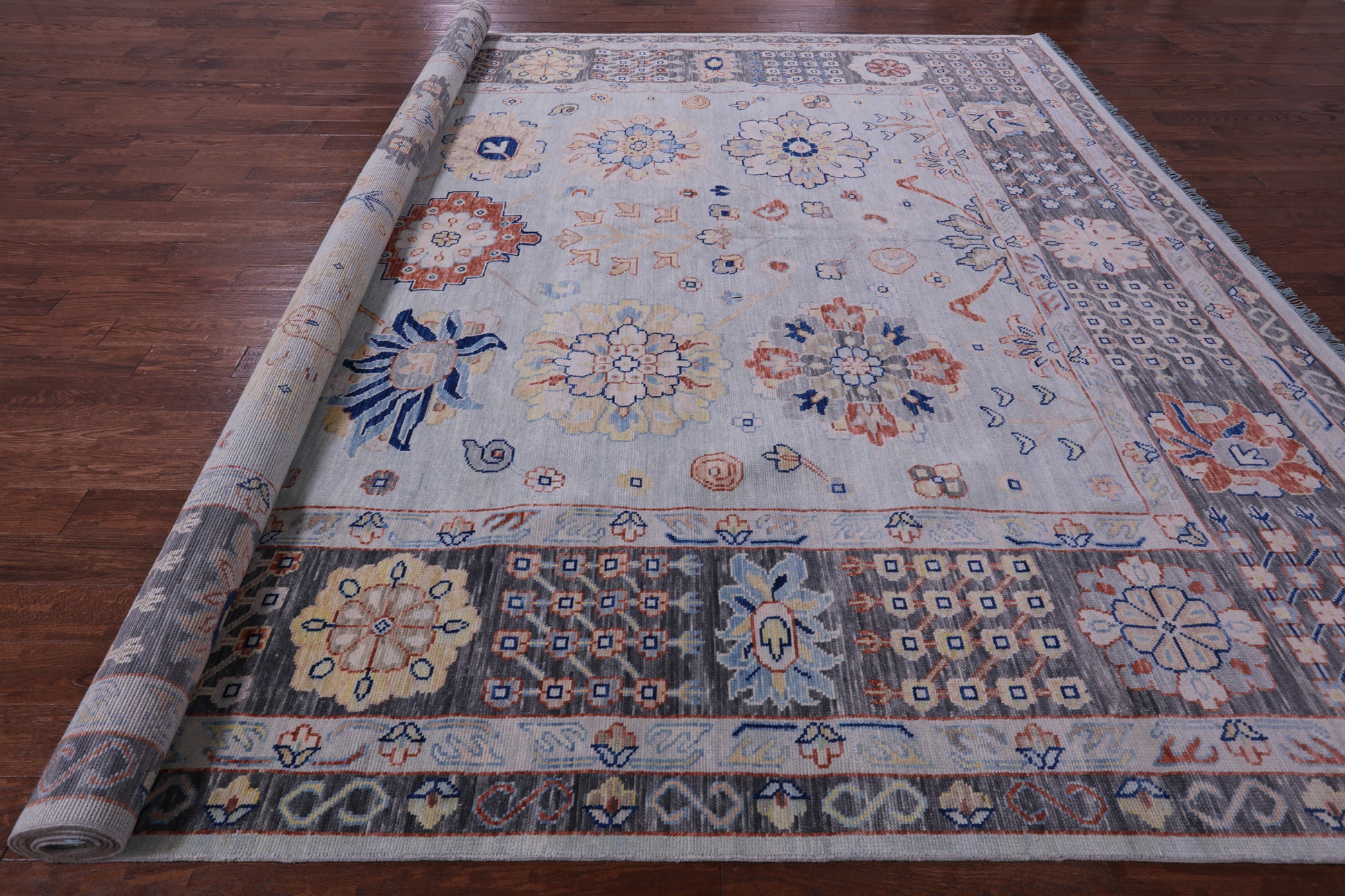 Light Blue Persian Heriz Serapi Hand Knotted Wool Rug - 12' 0" X 14' 11" - Golden Nile
