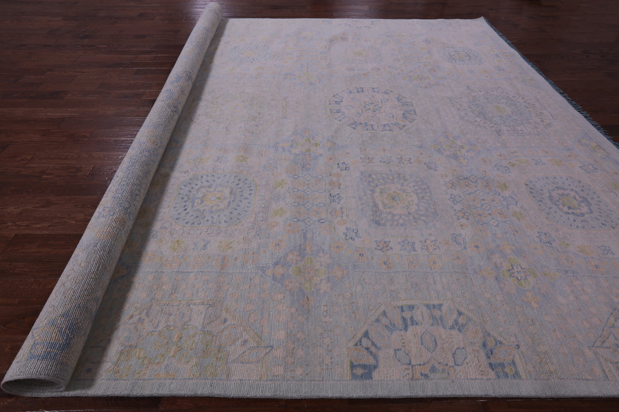 Light Blue Geometric Persian Mamluk Hand Knotted Wool Rug - 12' 1" X 15' 7" - Golden Nile