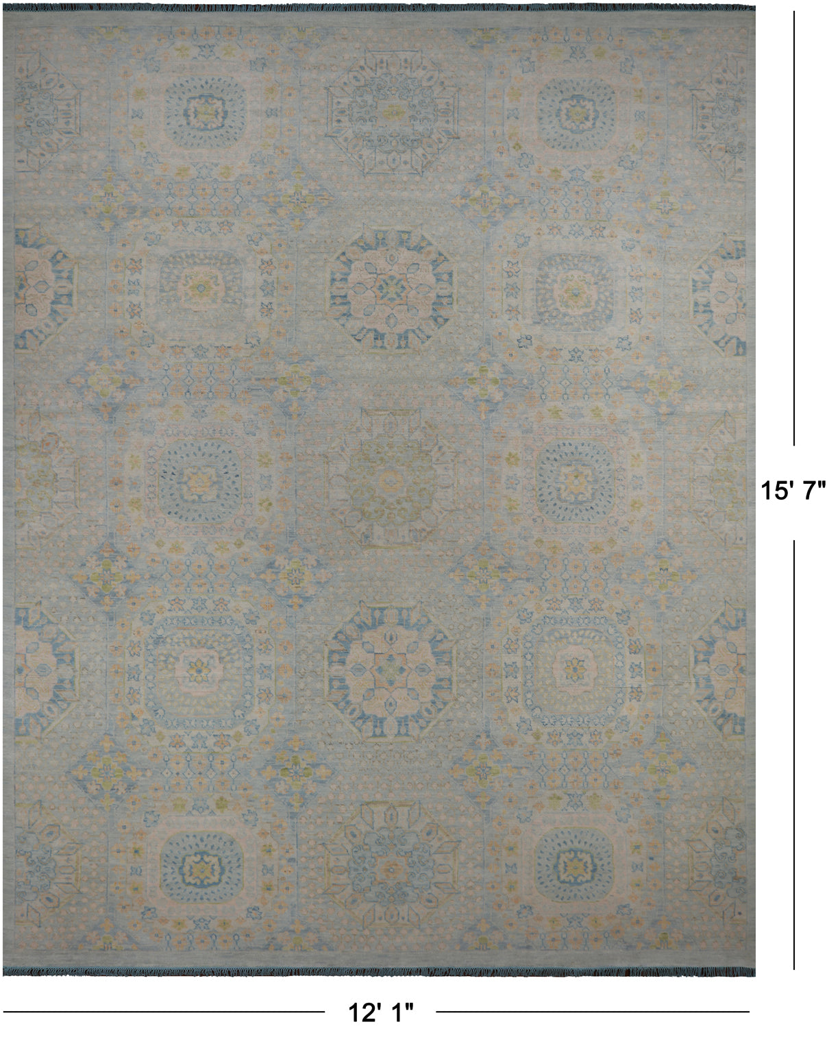 Light Blue Geometric Persian Mamluk Hand Knotted Wool Rug - 12' 1" X 15' 7"