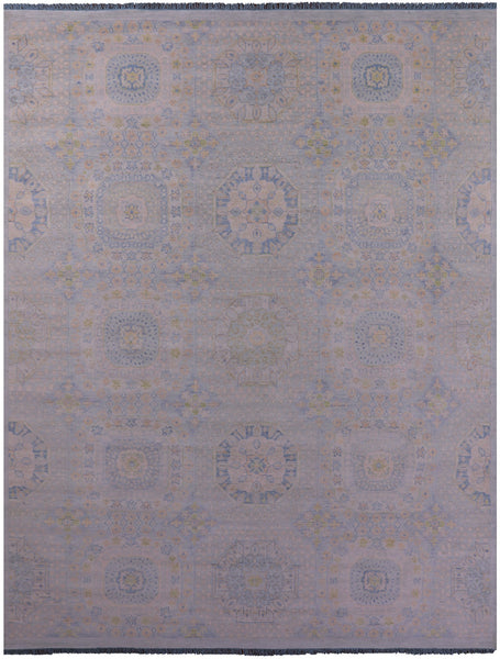 Light Blue Geometric Persian Mamluk Hand Knotted Wool Rug - 12' 1" X 15' 7" - Golden Nile